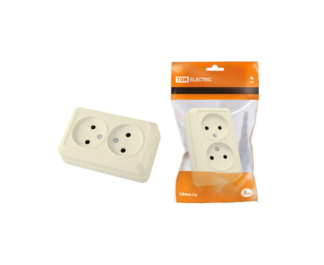 Розетка 2-х шт. наружного применения 10А (без заземления, кремовая) TDM