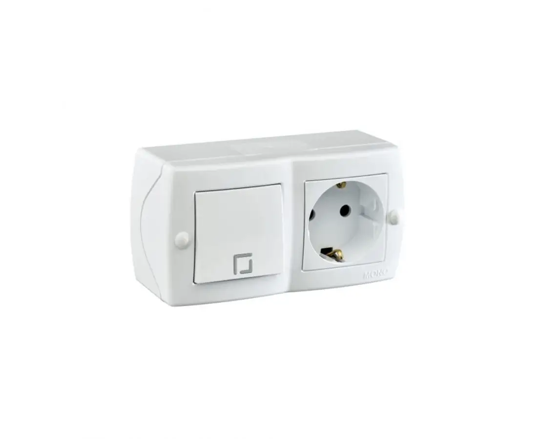 Одиночный выключатель + розетка заземления. Белый экстерьер ОКТАНЫ - 104-010