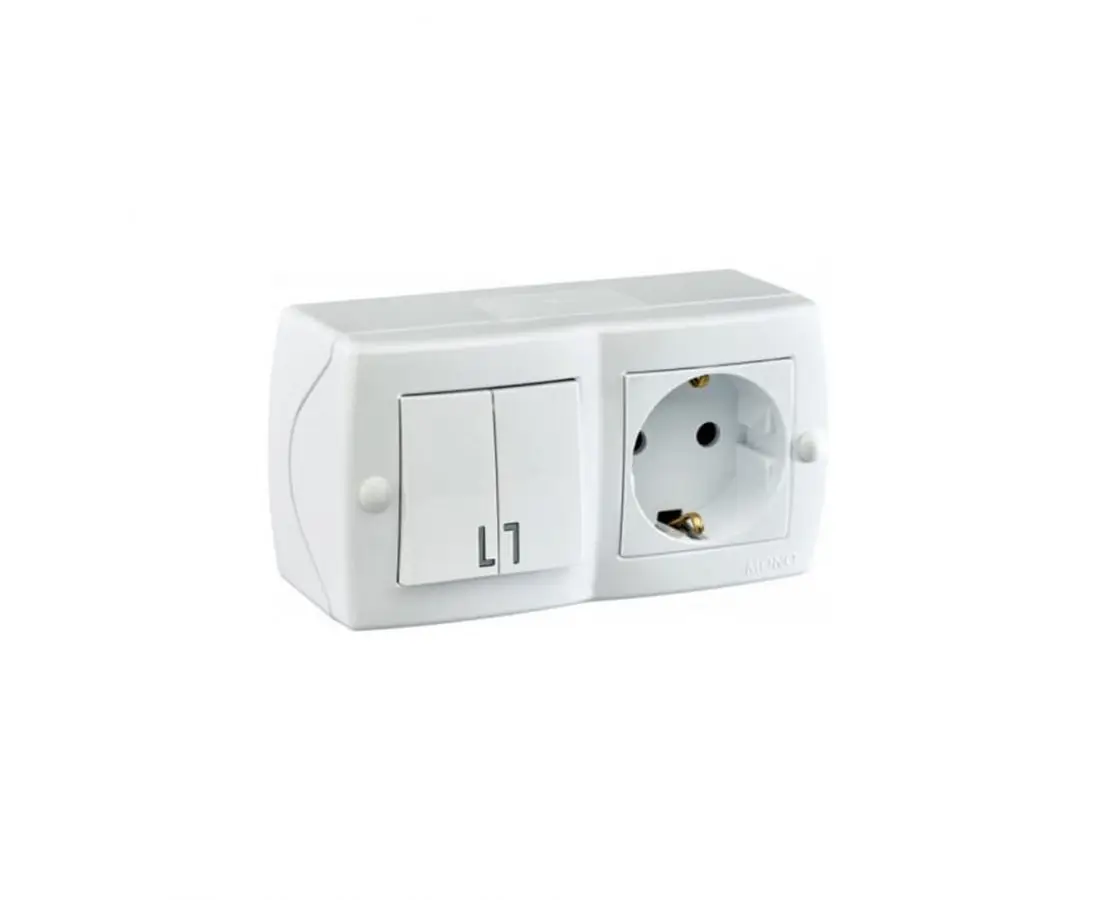 Двусторонний переключатель + розетка заземления. Белый внешний 104-010101-181