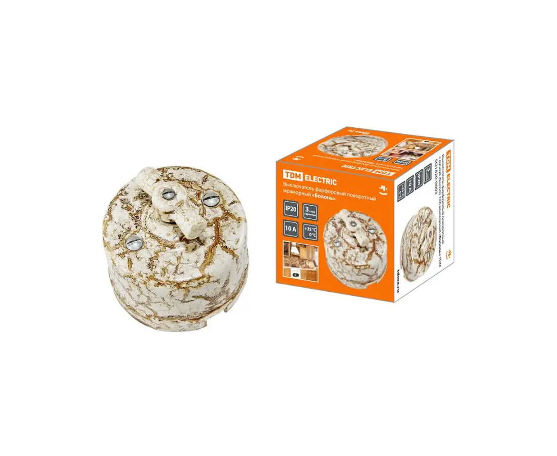 Фарфоровый выключатель, круглый. 10А мраморный ТДМ