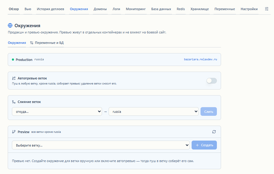 Environments tab: preview of project branches