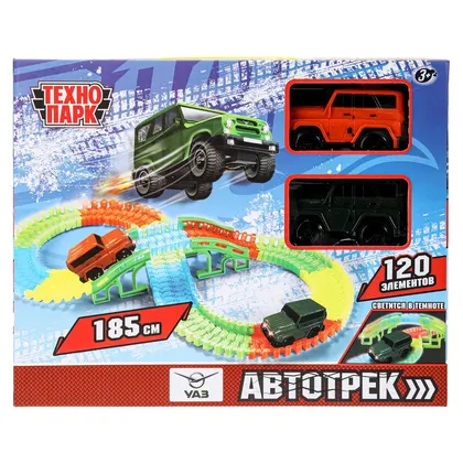 Автотрек «Восьмёрка» УАЗ Технопарк, 2 машинки 10 см, свет, на батарейках