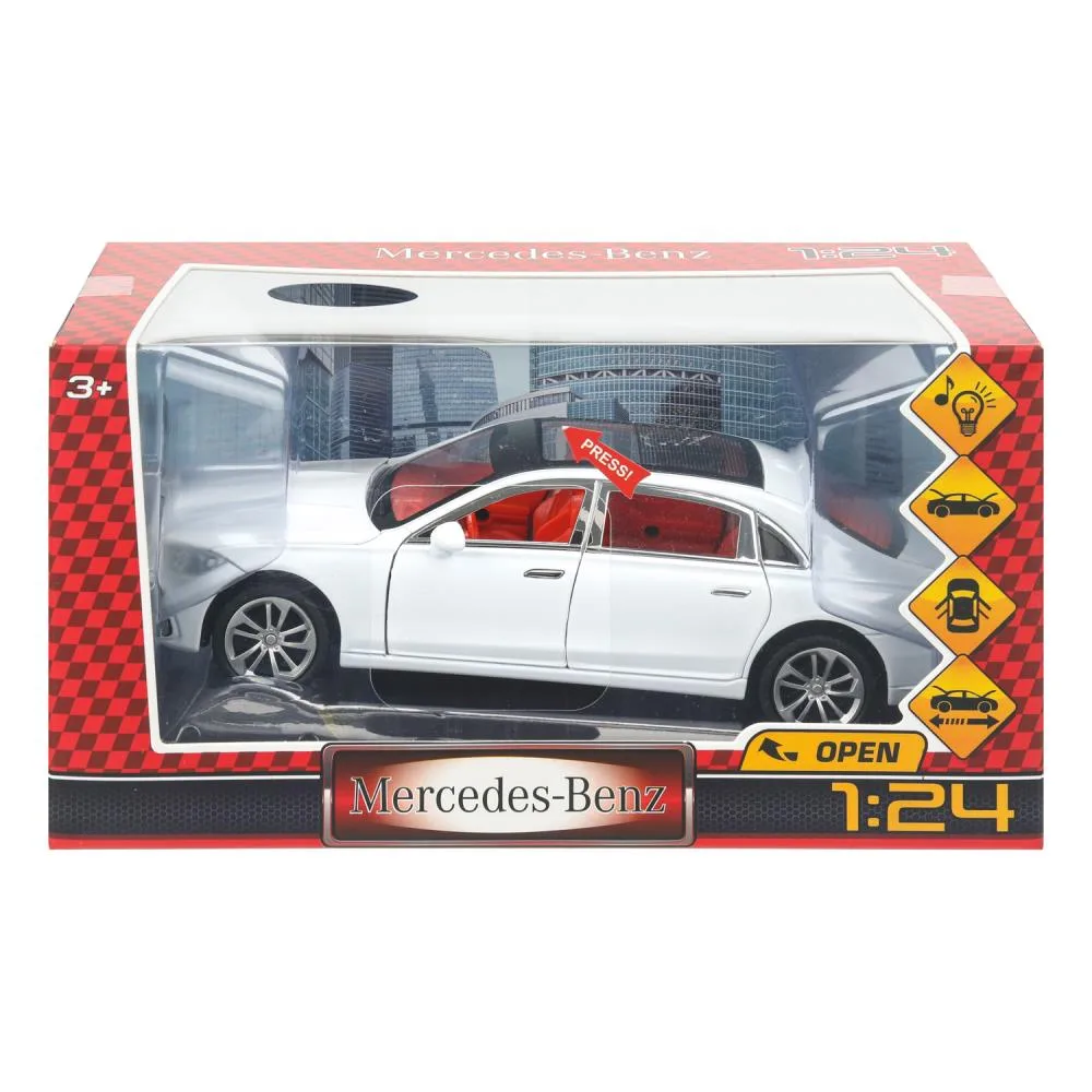 Машинка металлическая Mercedes-Benz, 22 см, белая, свет, звук, инерционная, открываются двери