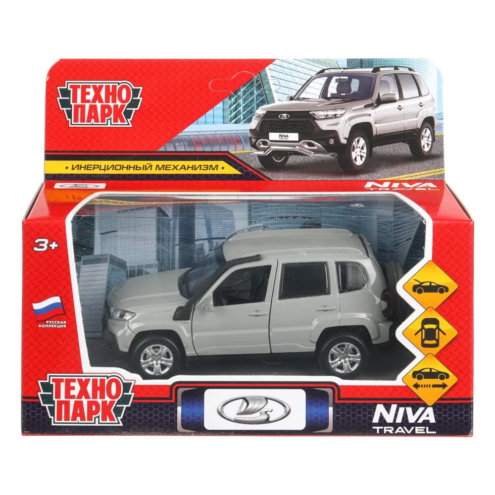 Машинка металлическая Lada Niva Travel, 12 см, открываются двери, инерционная, серая, Технопарк