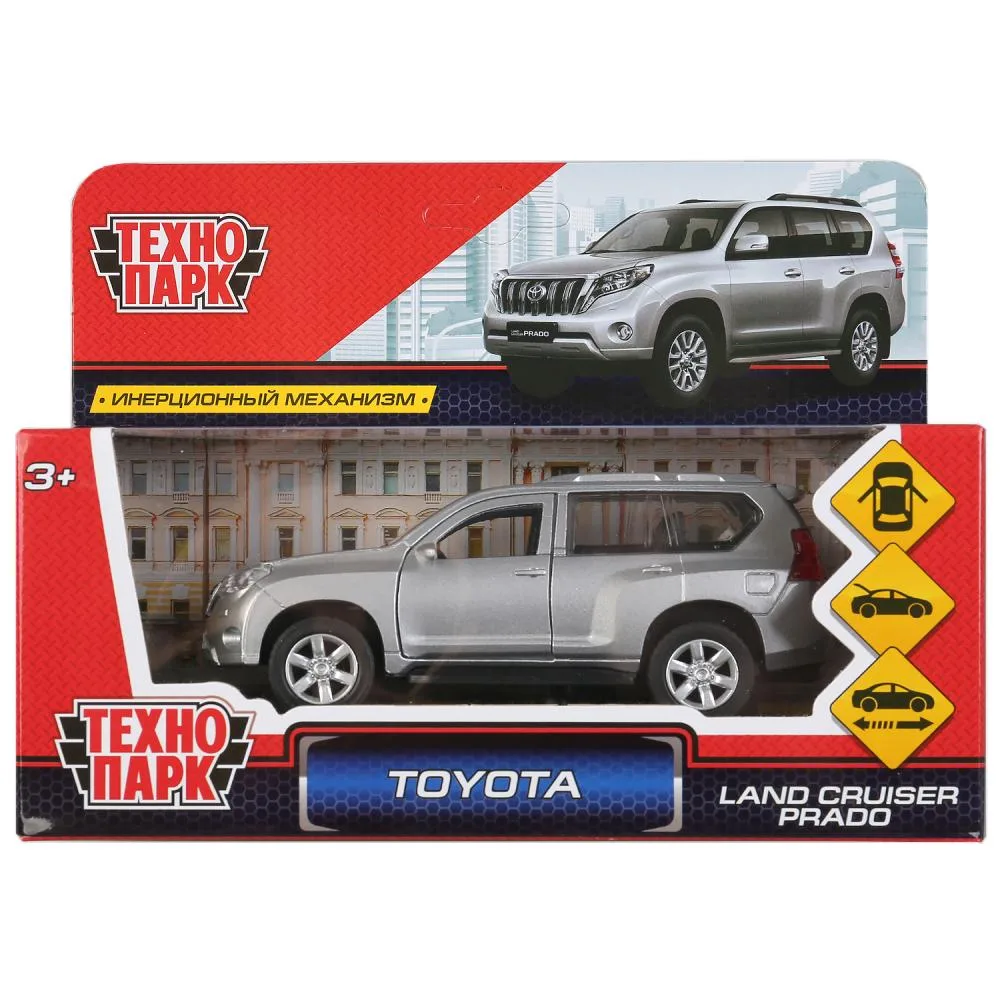 Машинка металлическая Toyota Prado 12 см, двери, багажник, инерционная, серебристая