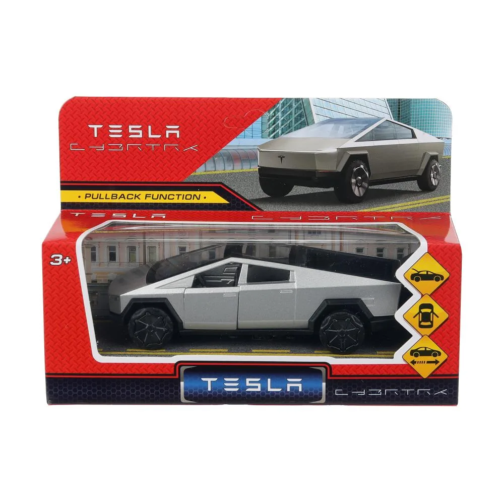 Машинка металлическая инерционная Tesla Cybertruck 13,7 см, двери, серебристая, Технопарк