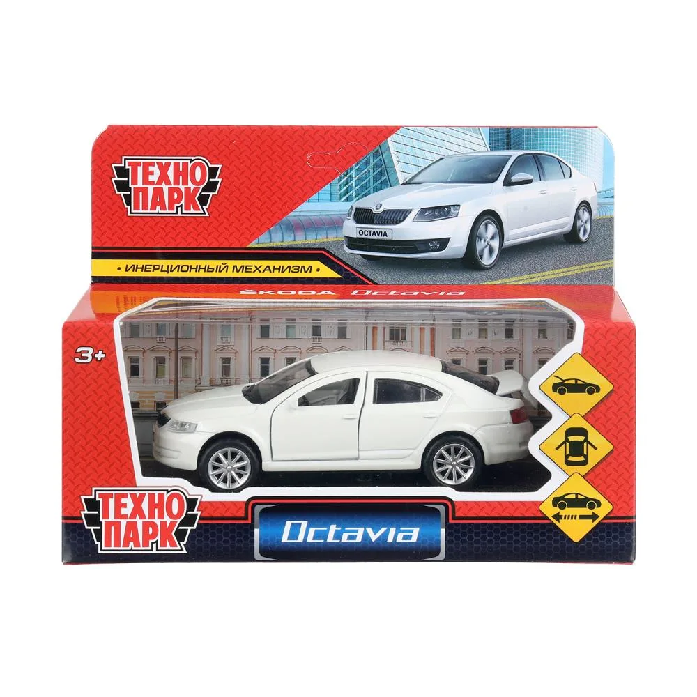 Машинка металлическая Skoda Octavia, 12 см, двери, багажник, инерционная, белая, Технопарк
