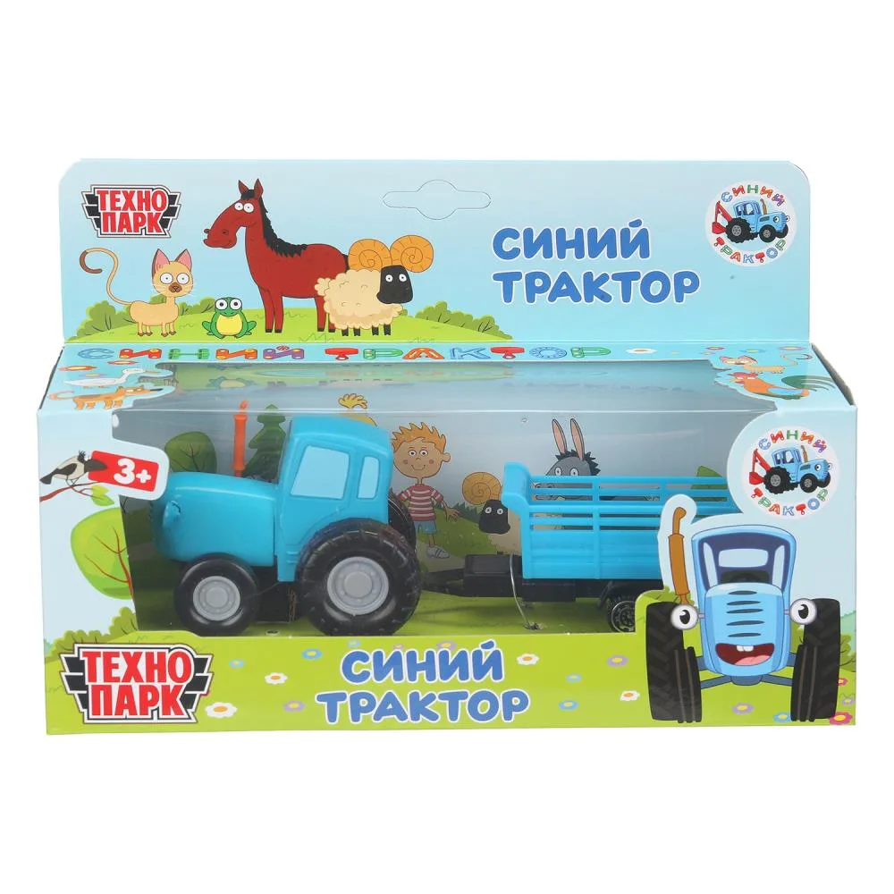 Машинка металлическая «Синий трактор» с телегой, синяя, 7,5 см, Технопарк