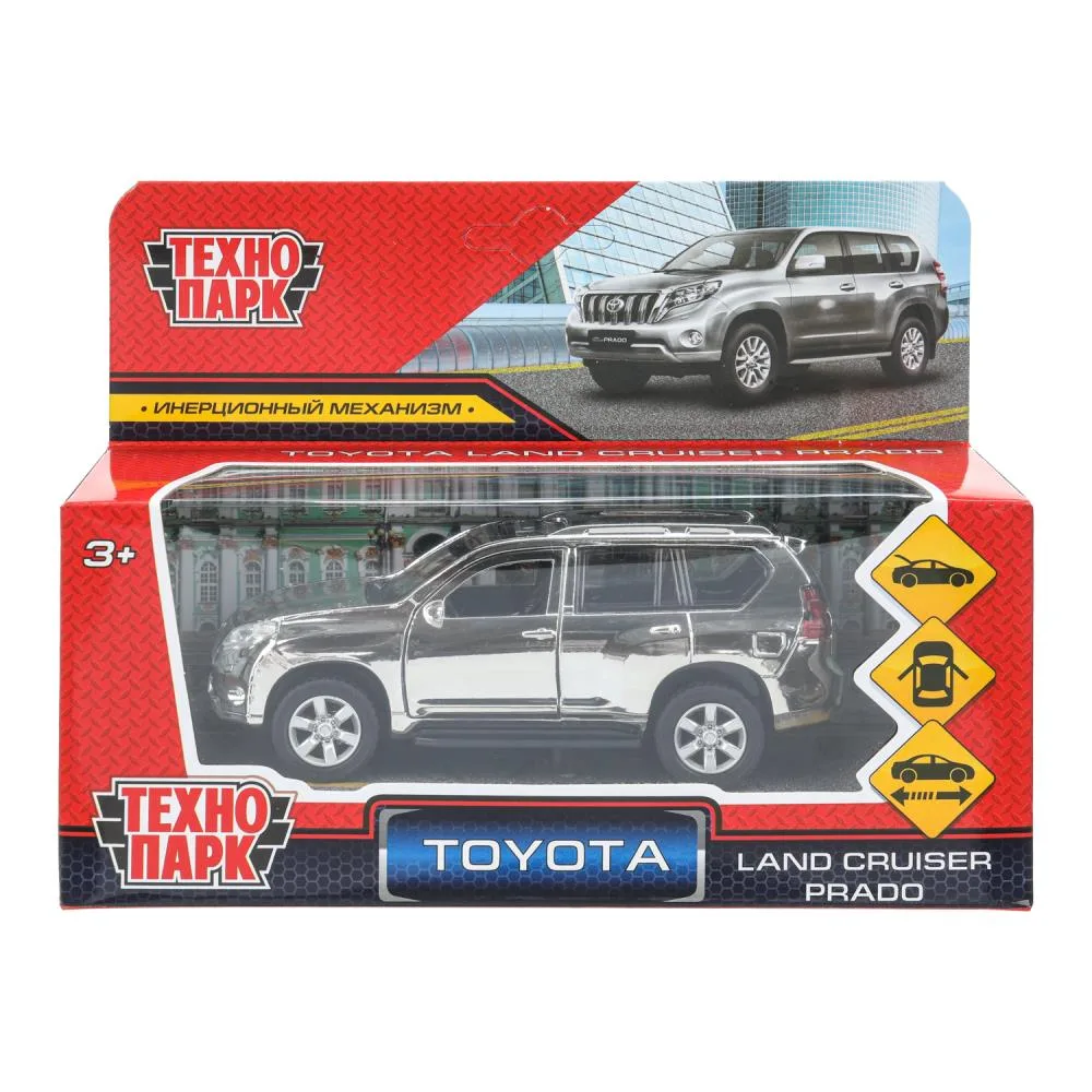 Машинка металлическая Toyota Prado хром, 12 см, инерционная, открываются двери, серебристая, Технопарк