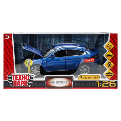 Машинка металлическая BMW X6, 20 см, синяя, свет, звук, открываются двери, Технопарк