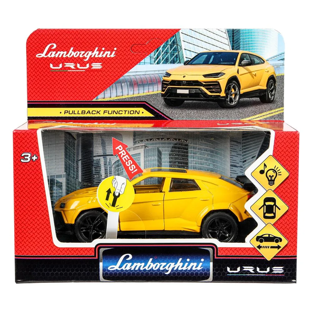 Машинка металлическая Lamborghini Urus, 12 см, свет и звук, открываются двери, инерционная, желтая