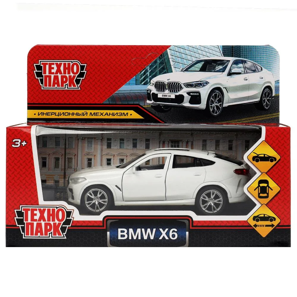 Машинка металлическая BMW X6, 12 см, открываются двери и багажник, инерционная, белая, Технопарк