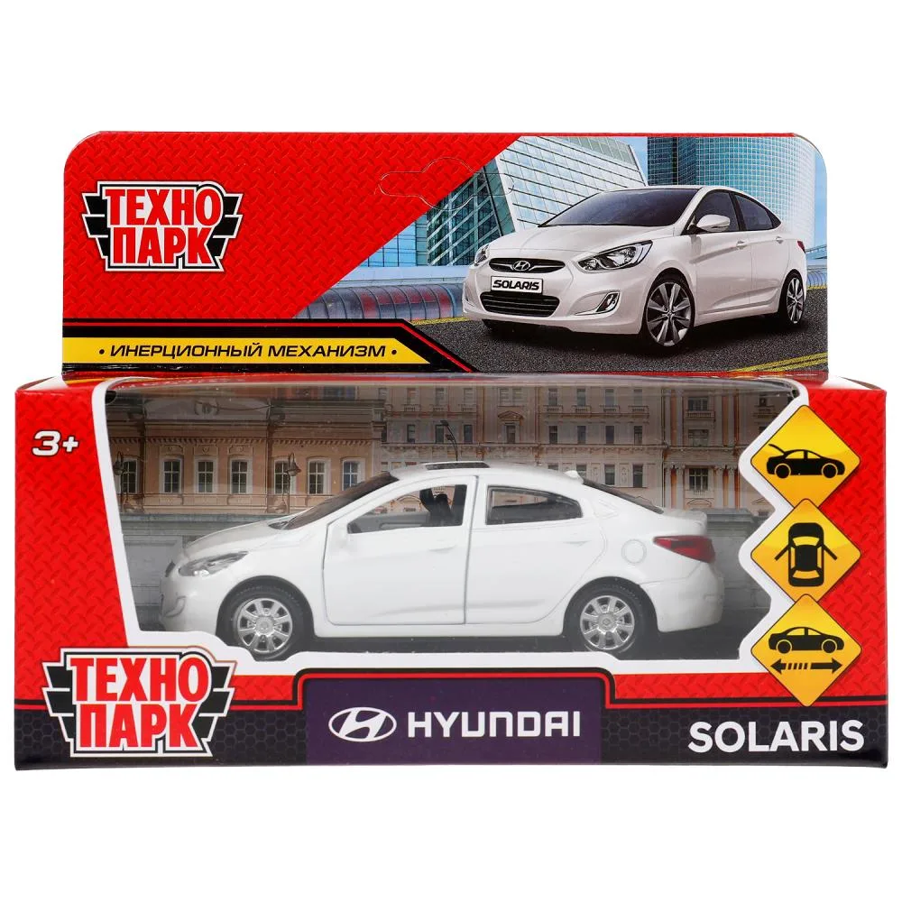 Машинка металлическая Hyundai Solaris, 12 см, инерционная, открываются двери, белая, Технопарк