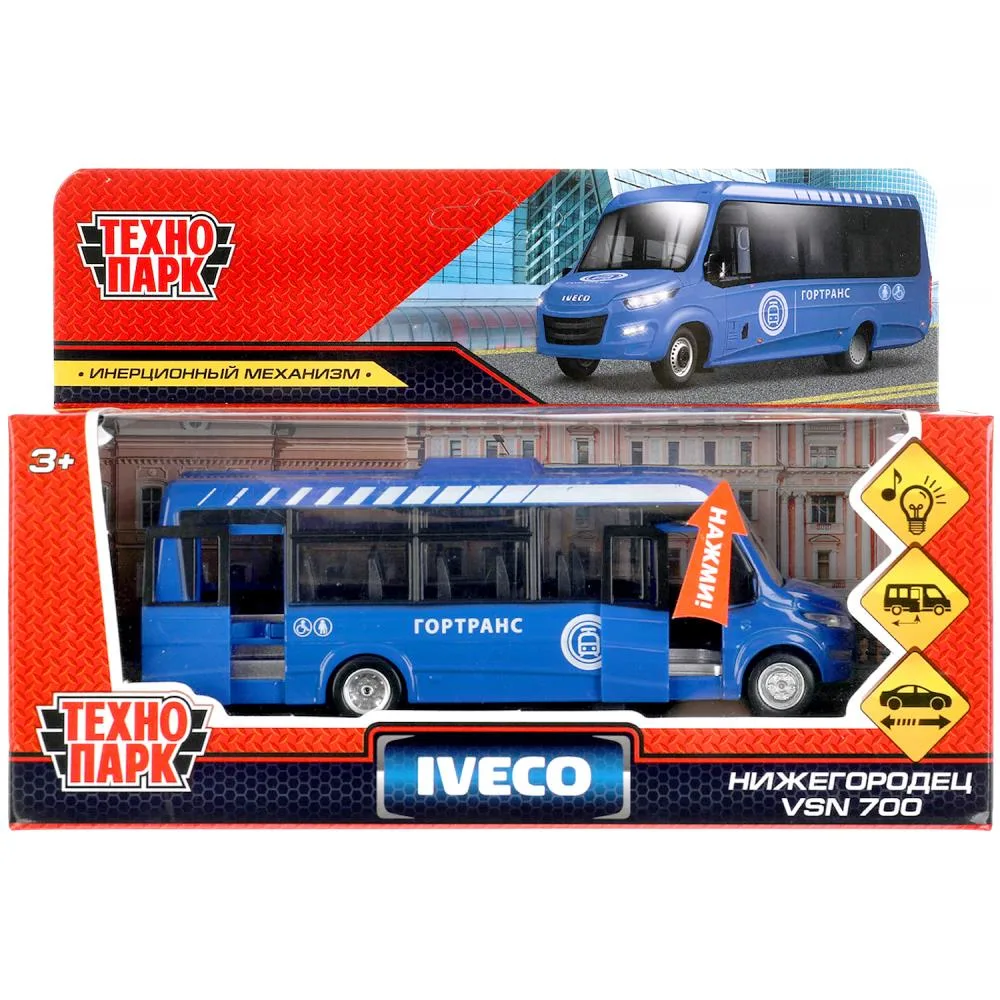 Машинка металлическая Автобус Iveco Daily 15 см, свет и звук, двери, синий, Технопарк