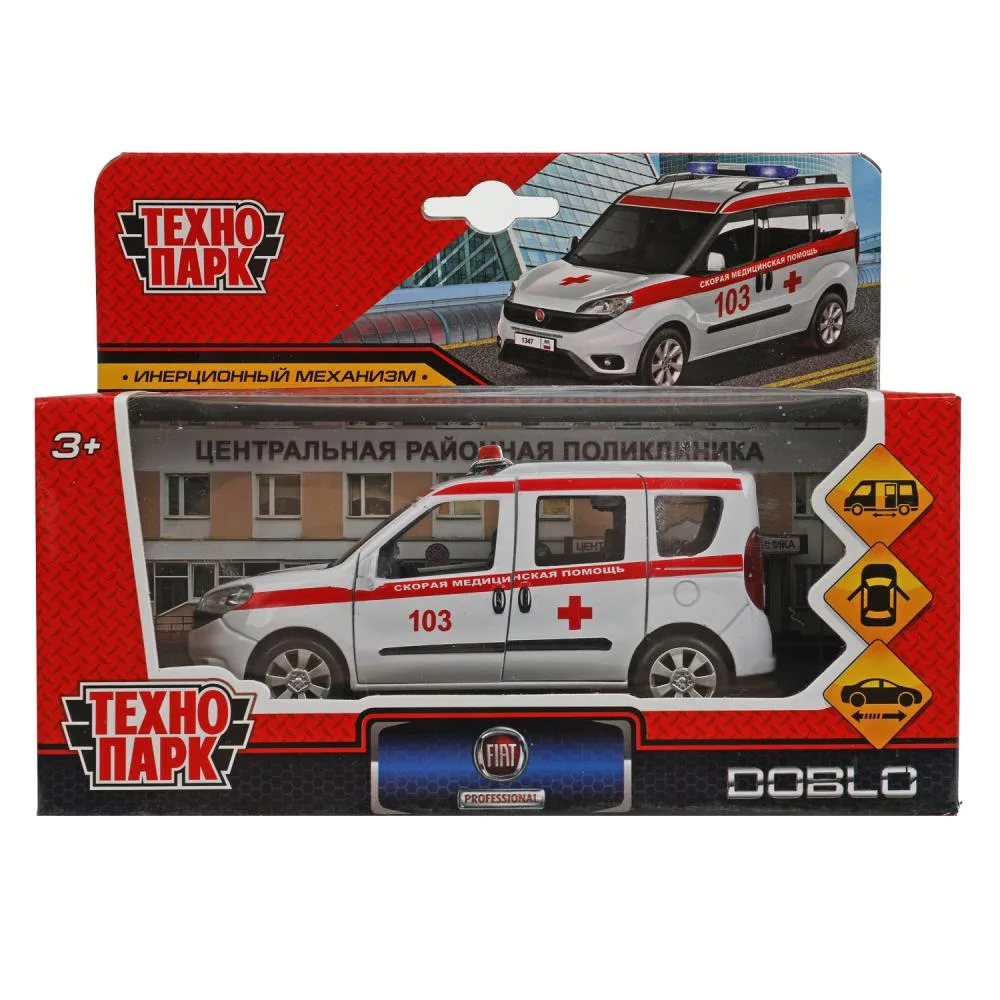 Машинка металлическая Fiat Doblo «Скорая», 12 см, инерционная, открываются двери, Технопарк