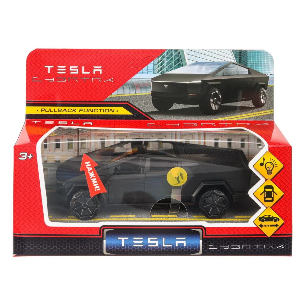 Машинка металлическая Tesla Cybertruck 13,7 см, свет, звук, двери, инерционная, черная