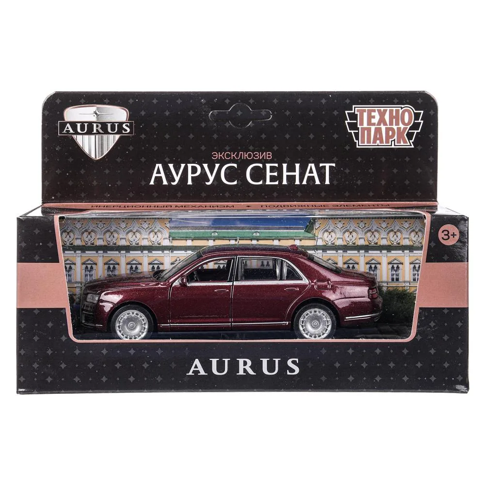 Машинка металлическая Aurus Senat, 13,5 см, открываются двери и багажник, инерционная, бордовая, Технопарк