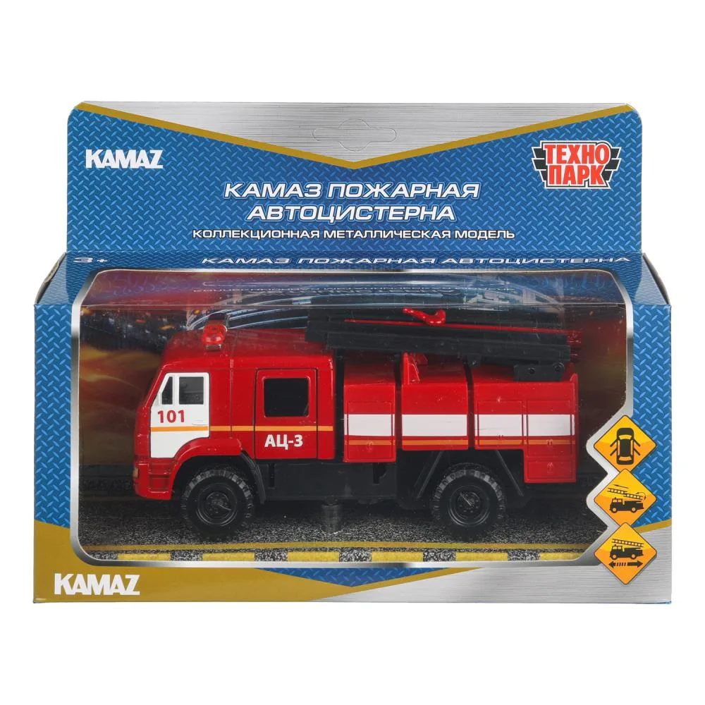 Машинка металлическая КамАЗ 43502 пожарная АЦ 15 см, двери, инерционная, Технопарк