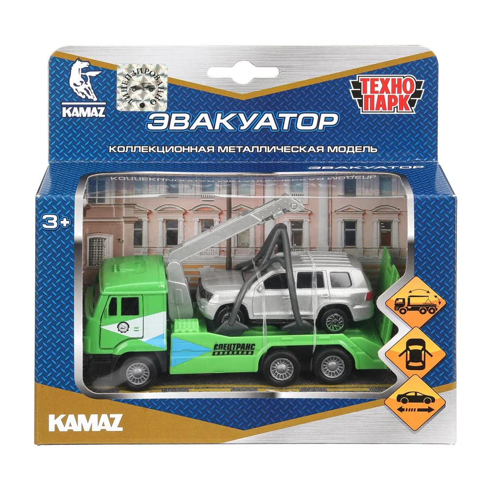 SB-17-24-R-WB Машины металл Камаз эвакуатор 12см, инерционная +Toyota Land Cruiser 7,5см. Технопарк арт SB-17-24-R-WB