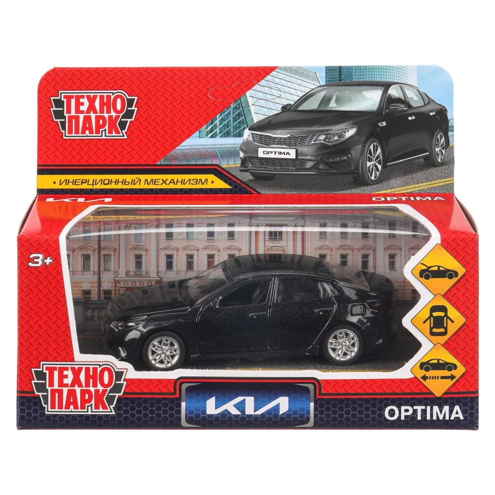 Машинка металлическая Kia Optima, 12 см, открываются двери и багажник, инерционная, черная, Технопарк