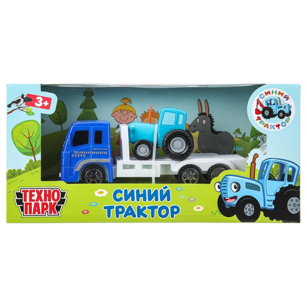 Машинка металлическая «Синий трактор» с автоперевозчиком 7,5 см, синяя, Технопарк