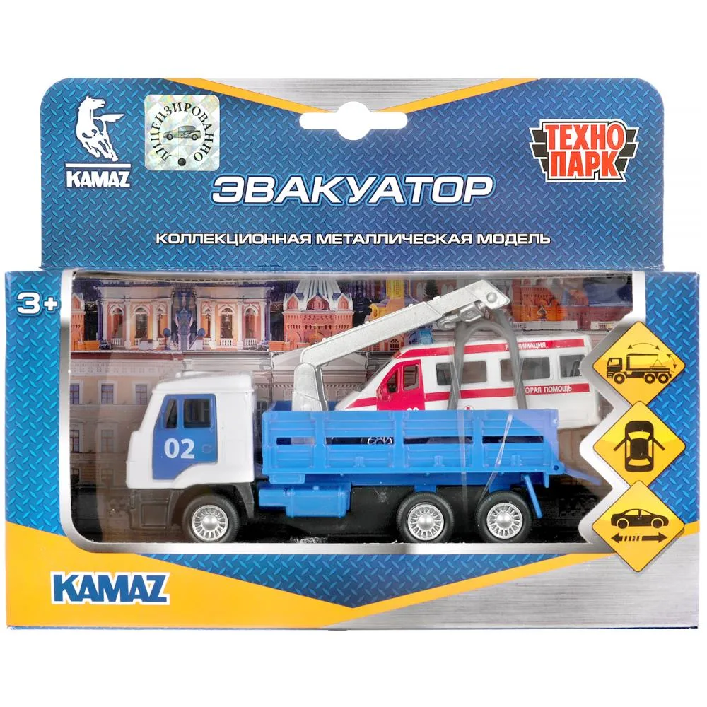 Машинка металлическая КамАЗ эвакуатор 12 см и скорая 7,5 см, инерционная, Технопарк