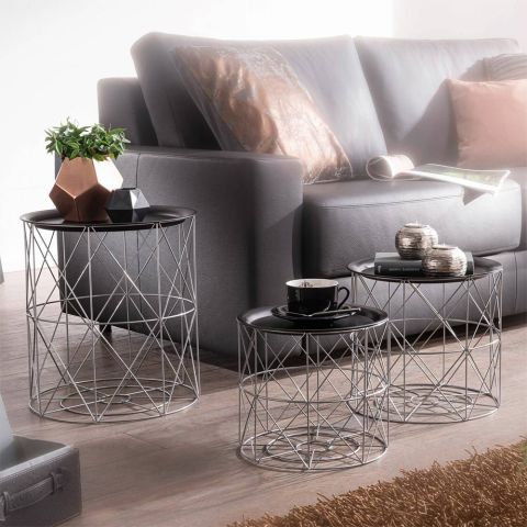 Журнальный столик 3 шт., 40*40*44 см, черный, ножки серебристые — фото 2