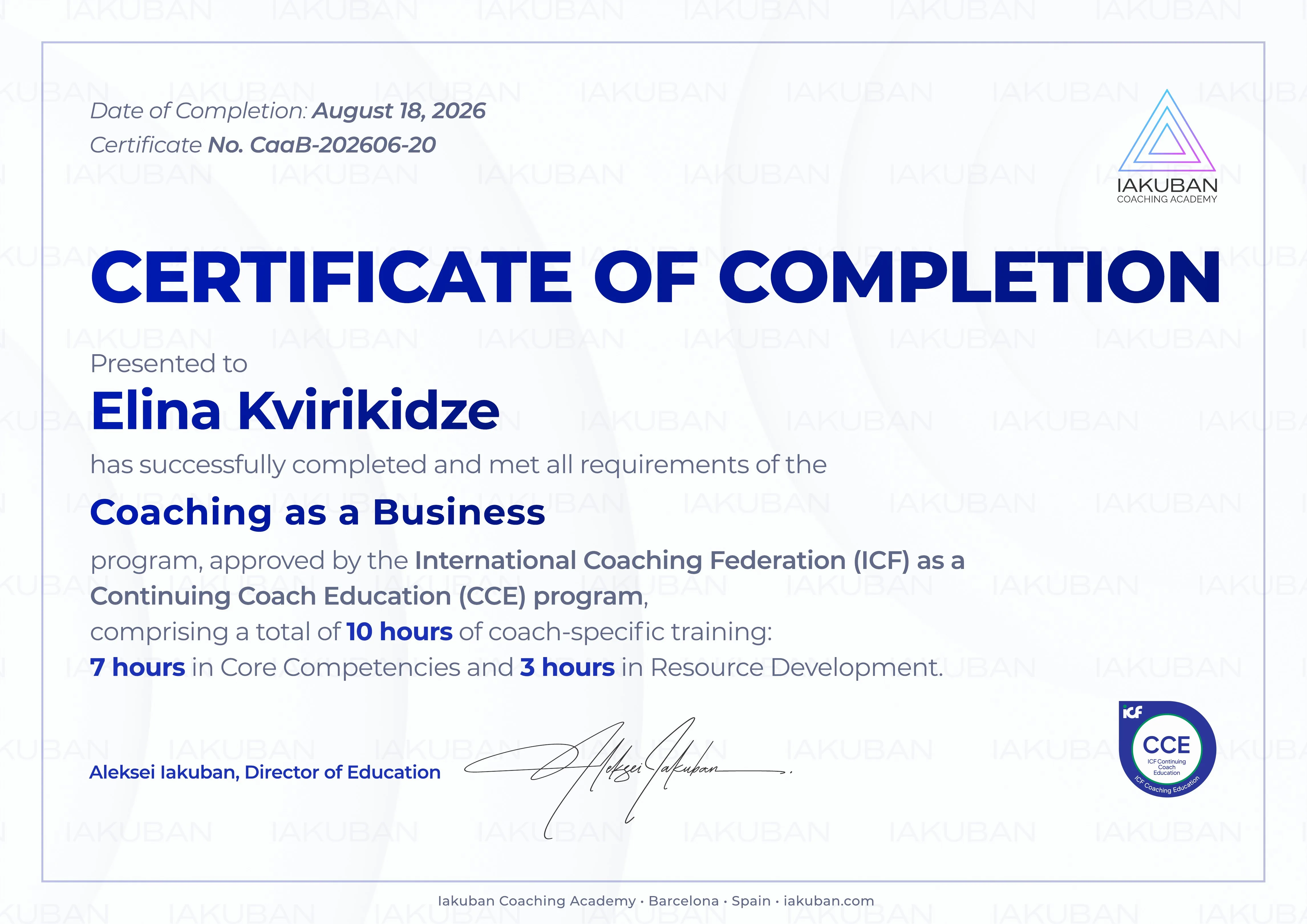 Сертификат Iakuban Coaching Academy: Elina Kvirikidze завершила программу Coaching as a Business, одобренную ICF как Continuing Coach Education